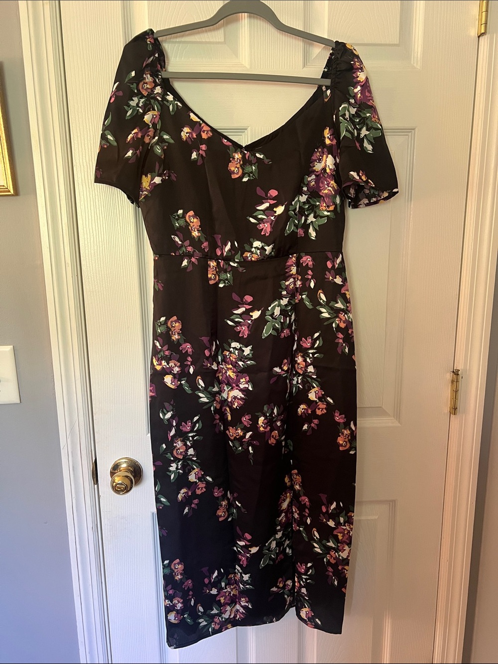 Sam Edelman Dress Womens 10 Black Floral Satin Midi Party Cocktail Wedding Guest